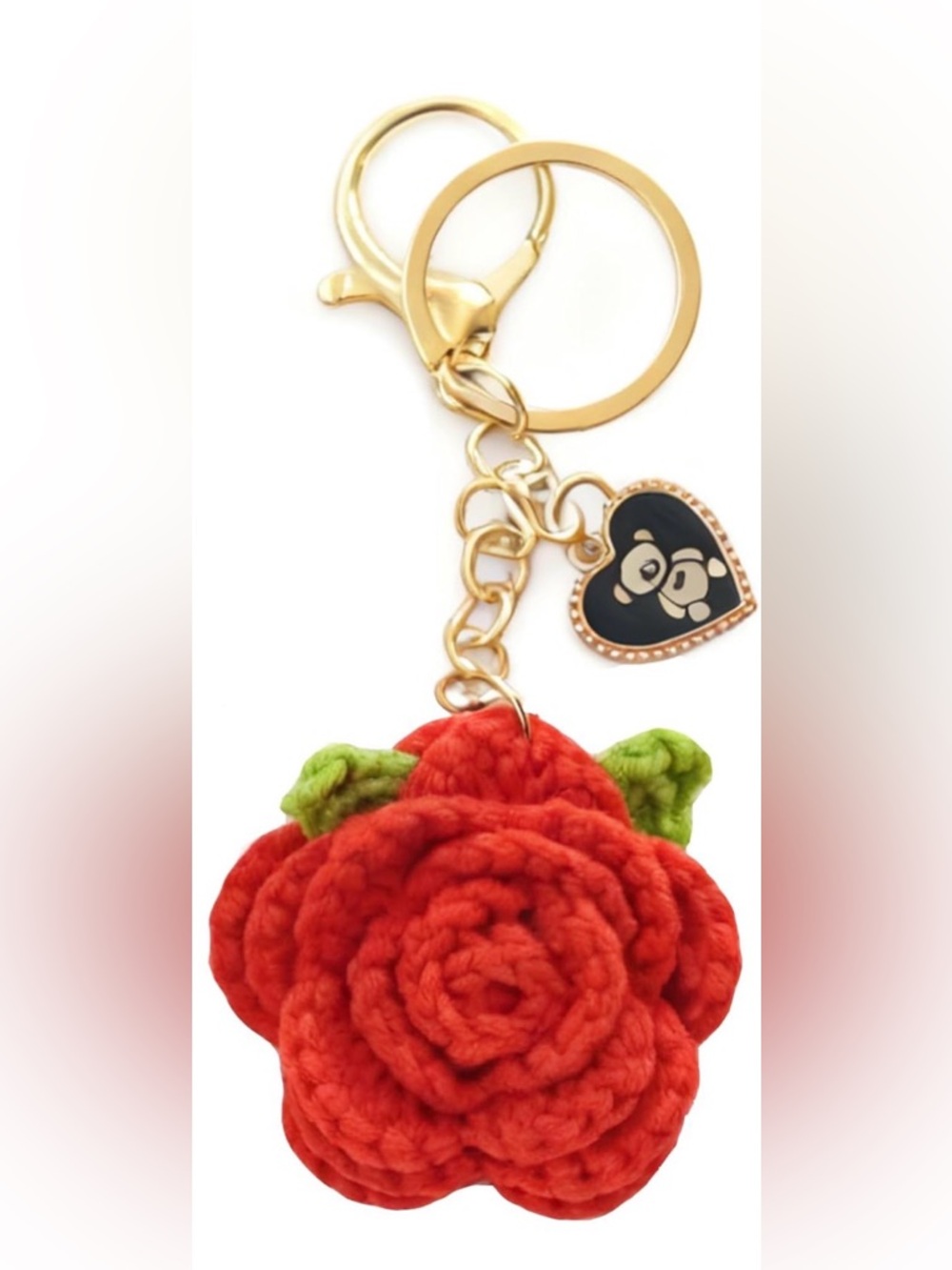 Handmade Gold Keyring Bag Charm with Crochet Rose and Cute Charm